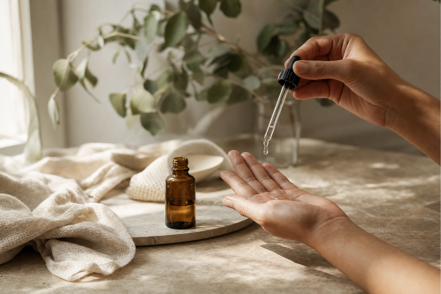 Hands applying serum from a dropper in soft natural light